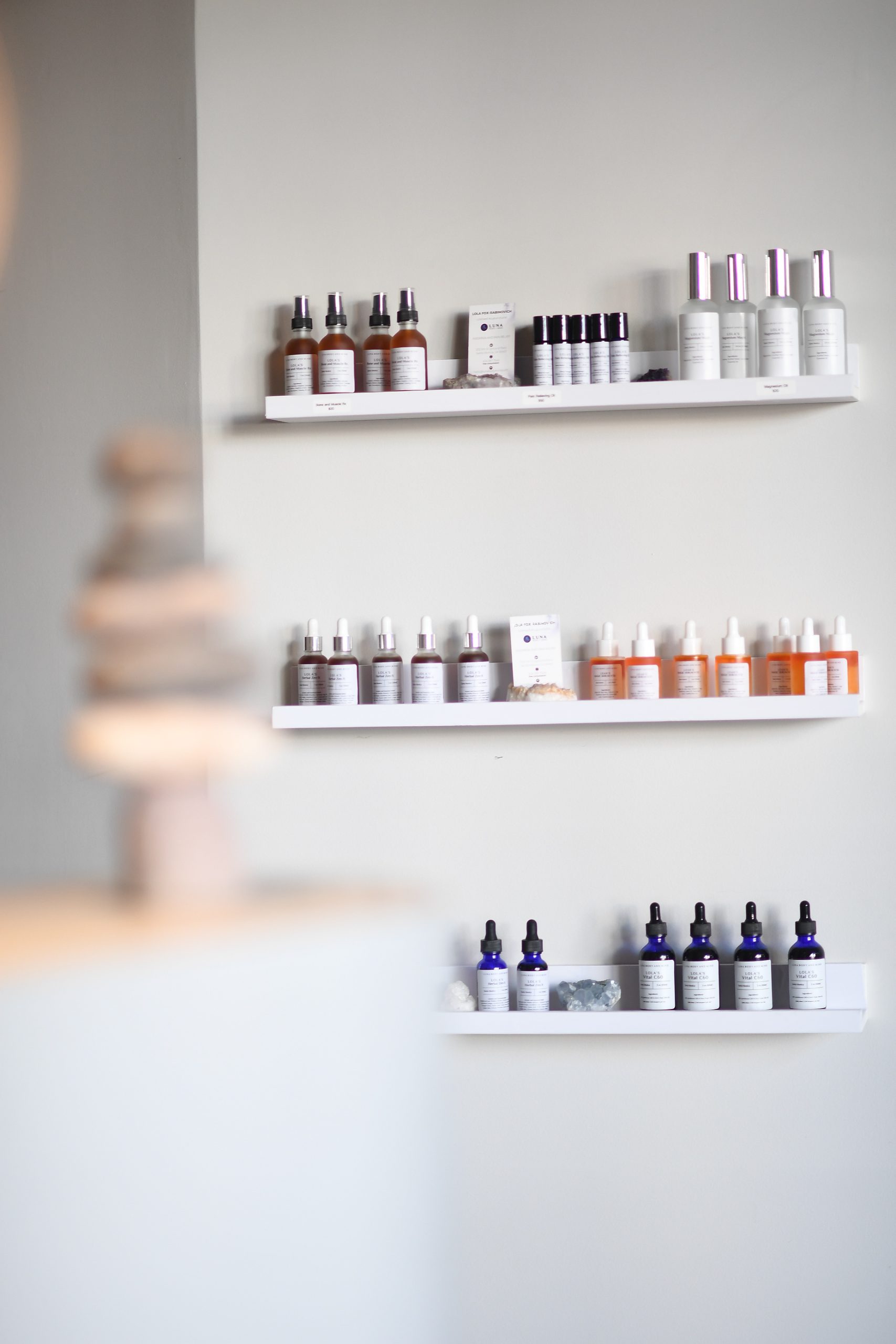 Products on shelf in Luna Body and Mind's Santa Monica clinic